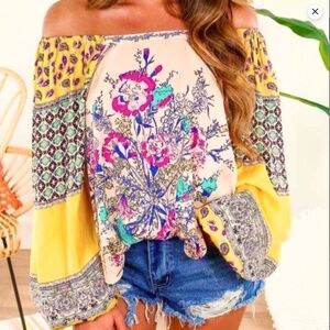Free People Sz XS Positano Printed Balloon Sleeve Oversized Blouse